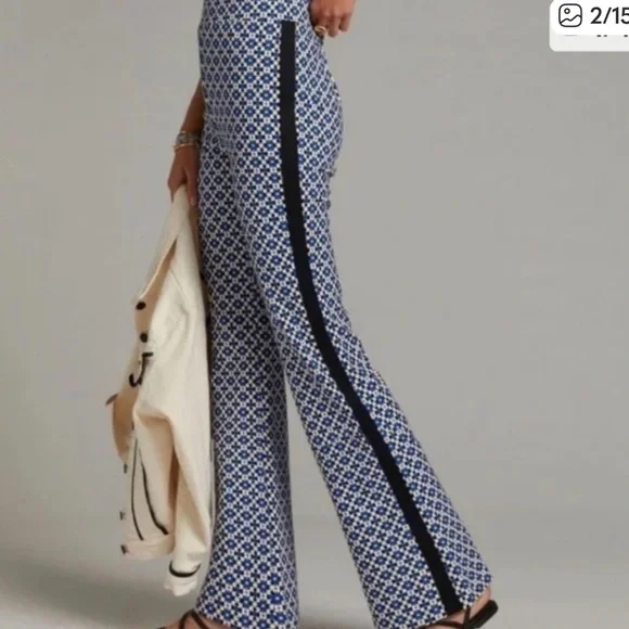 Anthropologie Maeve Black and Blue Geometric Print High Rise Flare Pants Small - Picture 2 of 10